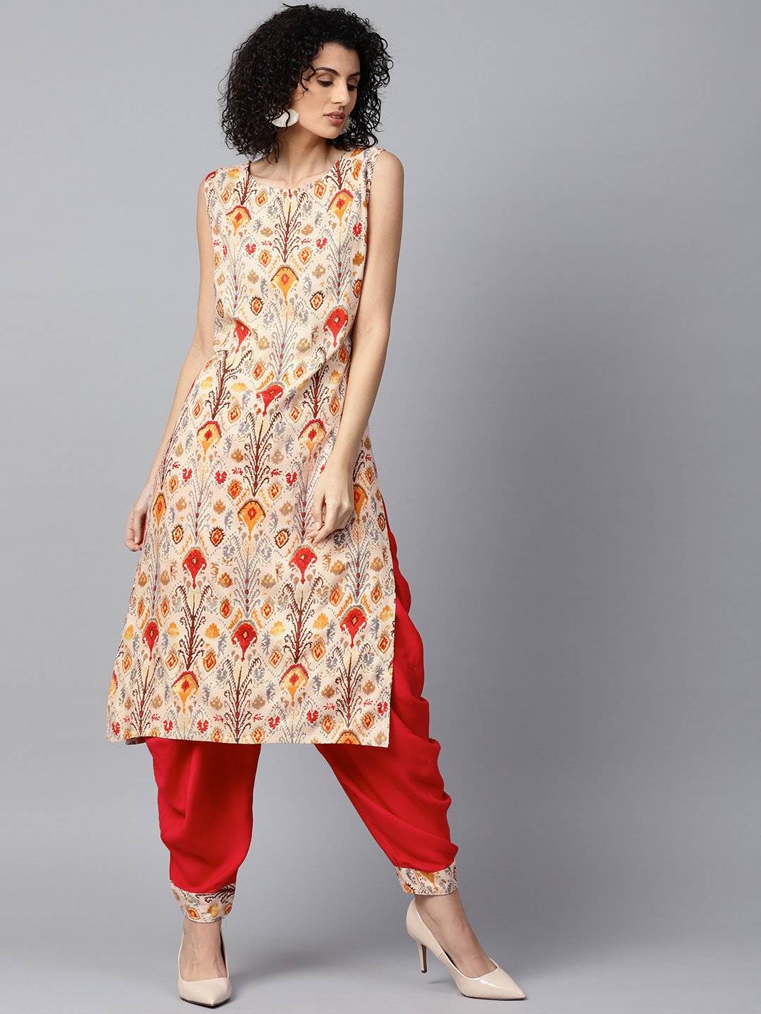 Red Printed Sleeveless Cotton Kurta With Red Ankle Length Dhoti | LASVINI - Redefining Indian Fashion with Elegance