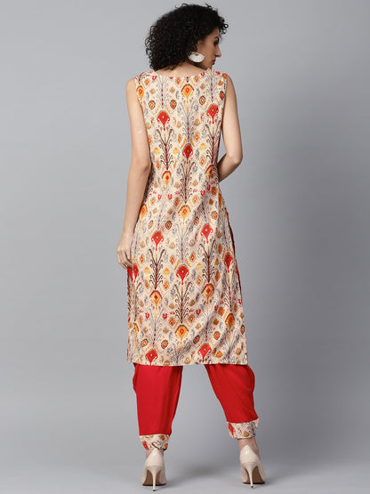 Red Printed Sleeveless Cotton Kurta With Red Ankle Length Dhoti | LASVINI - Redefining Indian Fashion with Elegance