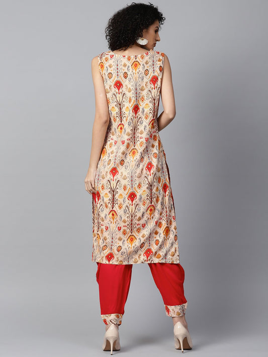 Red Printed Sleeveless Cotton Kurta With Red Ankle Length Dhoti | LASVINI - Redefining Indian Fashion with Elegance