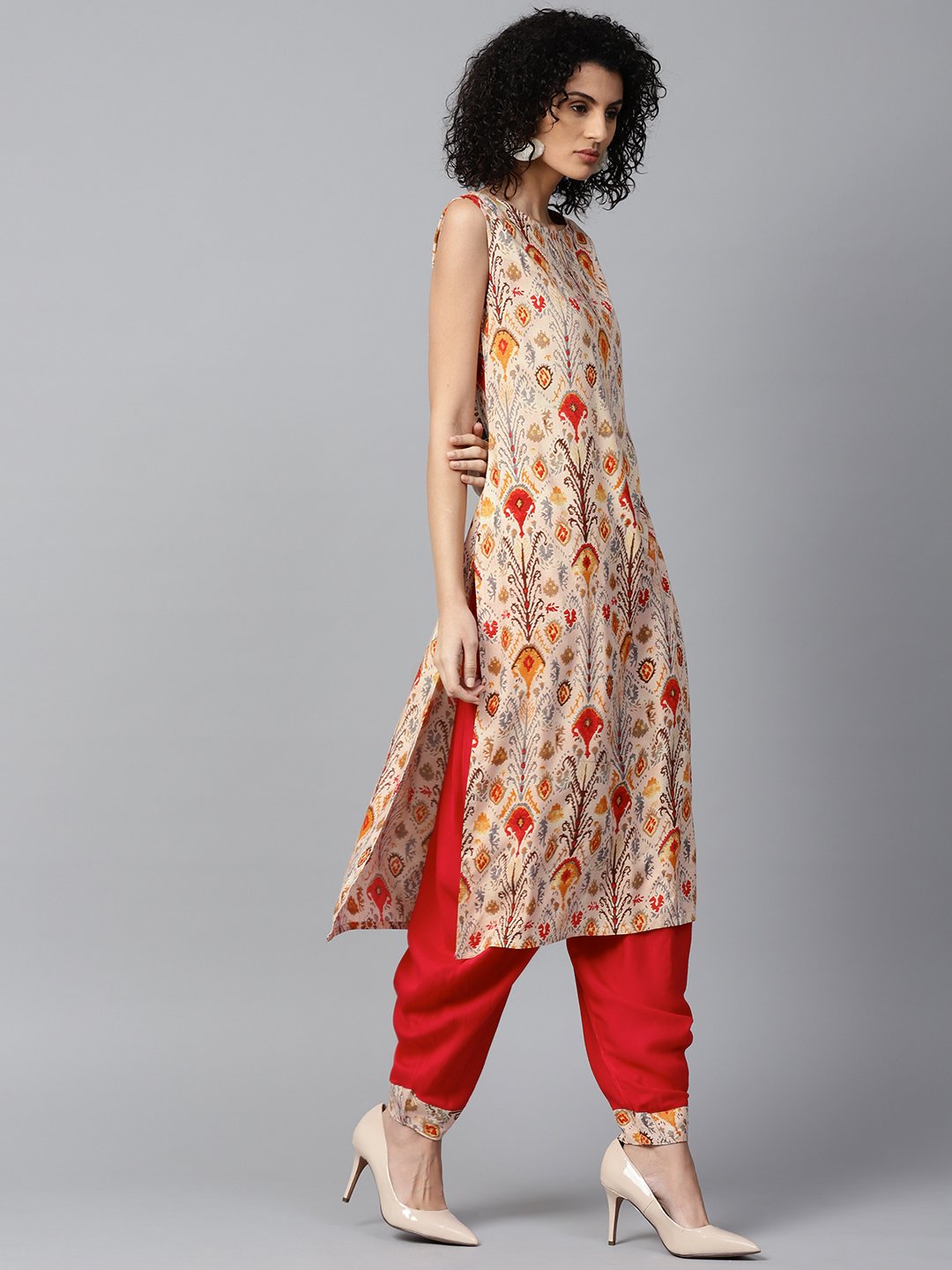 Red Printed Sleeveless Cotton Kurta With Red Ankle Length Dhoti | LASVINI - Redefining Indian Fashion with Elegance