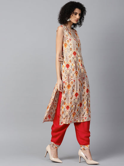 Red Printed Sleeveless Cotton Kurta With Red Ankle Length Dhoti | LASVINI - Redefining Indian Fashion with Elegance