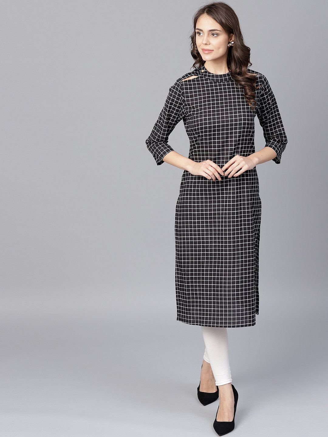 Black Check 3/4Th Sleeve Cotton Kurta | LASVINI - Redefining Indian Fashion with Elegance
