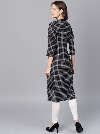 Black Check 3/4Th Sleeve Cotton Kurta | LASVINI - Redefining Indian Fashion with Elegance