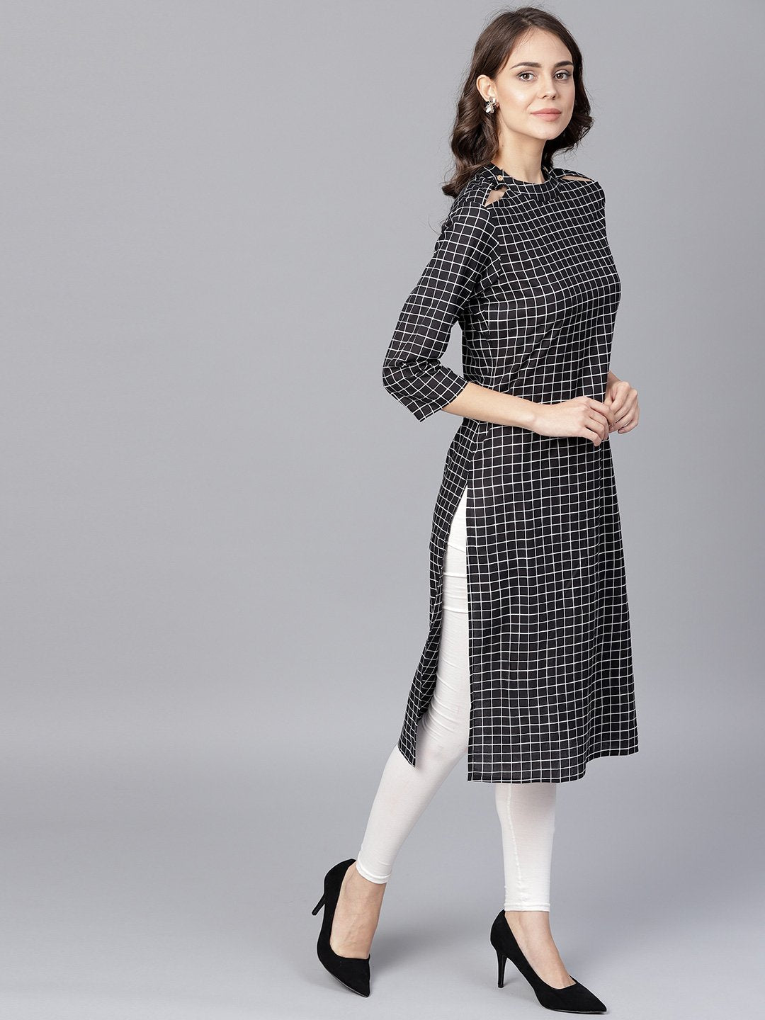 Black Check 3/4Th Sleeve Cotton Kurta | LASVINI - Redefining Indian Fashion with Elegance