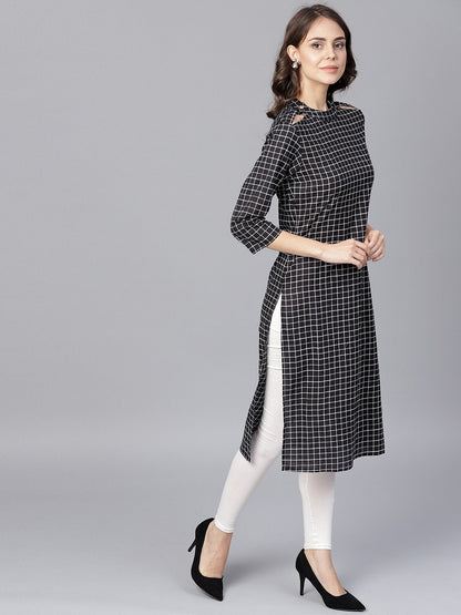Black Check 3/4Th Sleeve Cotton Kurta | LASVINI - Redefining Indian Fashion with Elegance