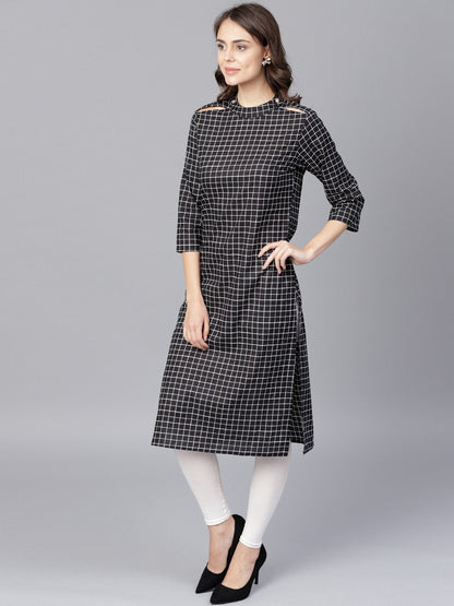Black Check 3/4Th Sleeve Cotton Kurta | LASVINI - Redefining Indian Fashion with Elegance