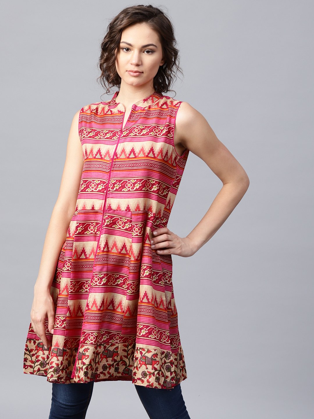Pink And Blue Printed Sleeveless Cotton Maxi Dress With Pocket | LASVINI - Redefining Indian Fashion with Elegance
