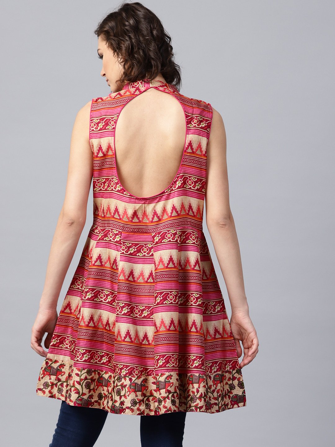 Pink And Blue Printed Sleeveless Cotton Maxi Dress With Pocket | LASVINI - Redefining Indian Fashion with Elegance