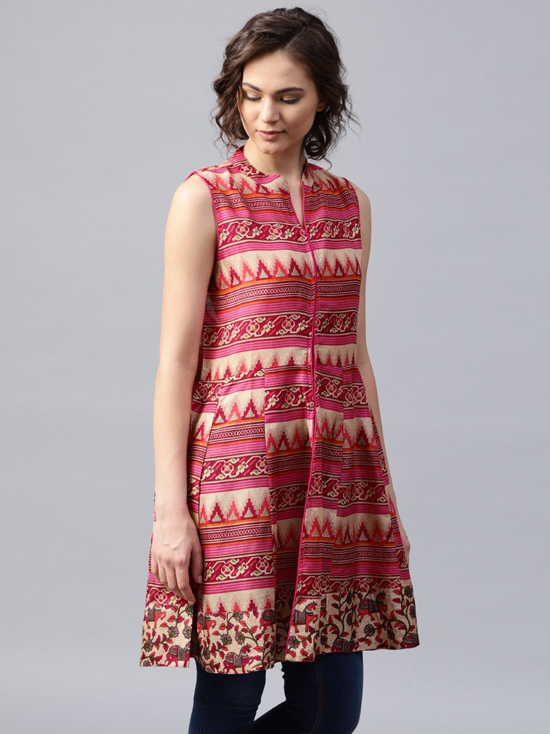 Pink And Blue Printed Sleeveless Cotton Maxi Dress With Pocket | LASVINI - Redefining Indian Fashion with Elegance