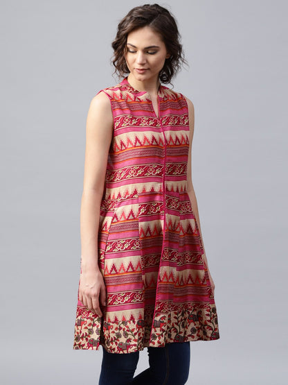 Pink And Blue Printed Sleeveless Cotton Maxi Dress With Pocket | LASVINI - Redefining Indian Fashion with Elegance