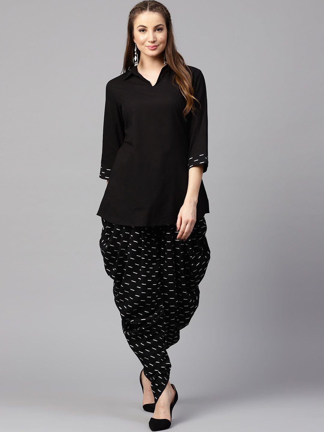 Black 3/4Th Sleeve Cotton Shirt With Black Printed Dhoti | LASVINI - Redefining Indian Fashion with Elegance