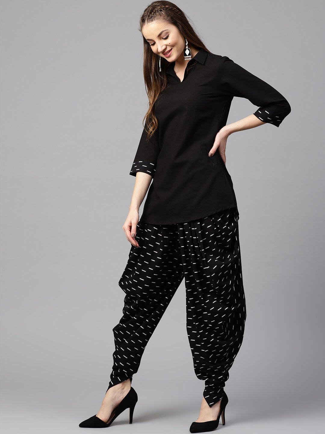 Black 3/4Th Sleeve Cotton Shirt With Black Printed Dhoti | LASVINI - Redefining Indian Fashion with Elegance