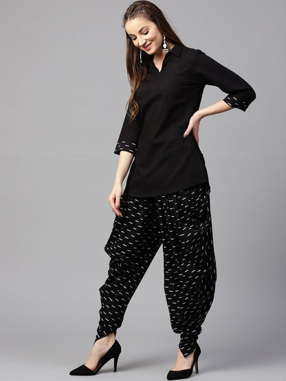 Black 3/4Th Sleeve Cotton Shirt With Black Printed Dhoti | LASVINI - Redefining Indian Fashion with Elegance