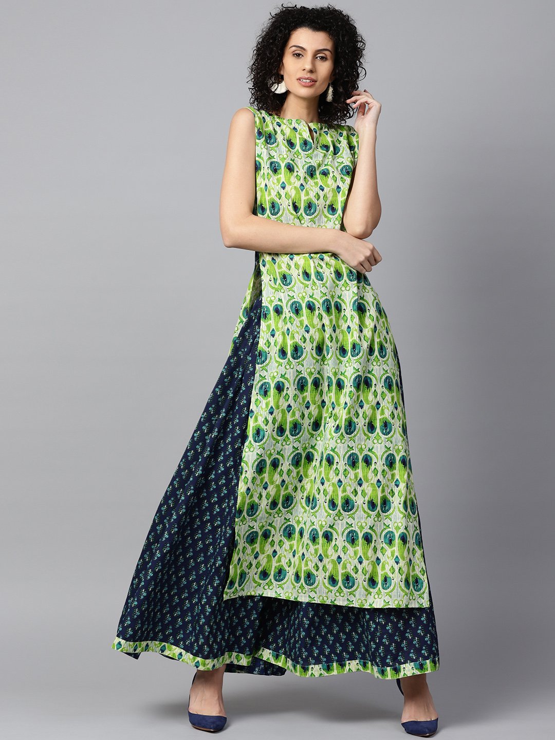 Green Sleeveless Cotton Straight Kurta With Blue Printed Skirt | LASVINI - Redefining Indian Fashion with Elegance