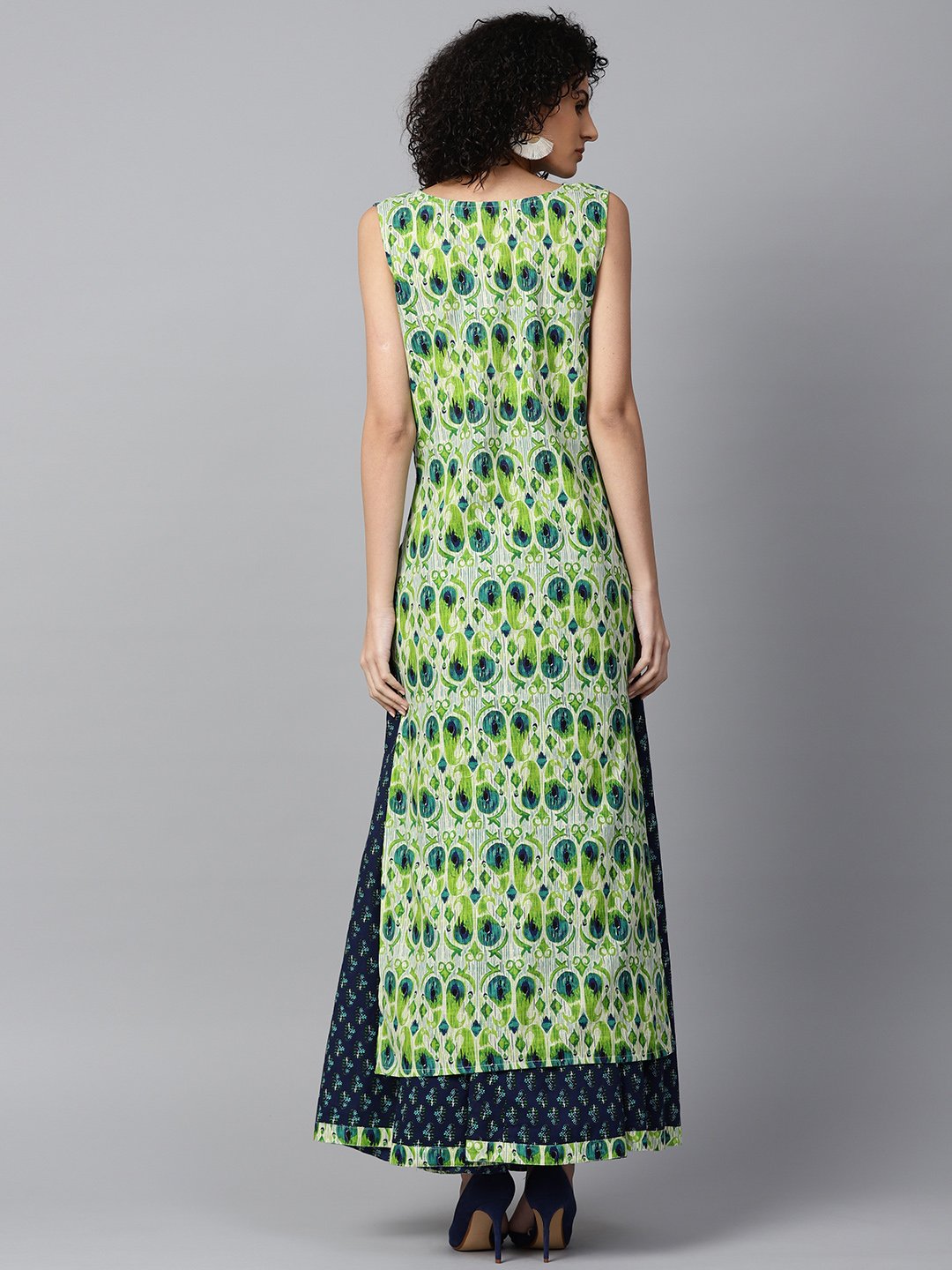 Green Sleeveless Cotton Straight Kurta With Blue Printed Skirt | LASVINI - Redefining Indian Fashion with Elegance