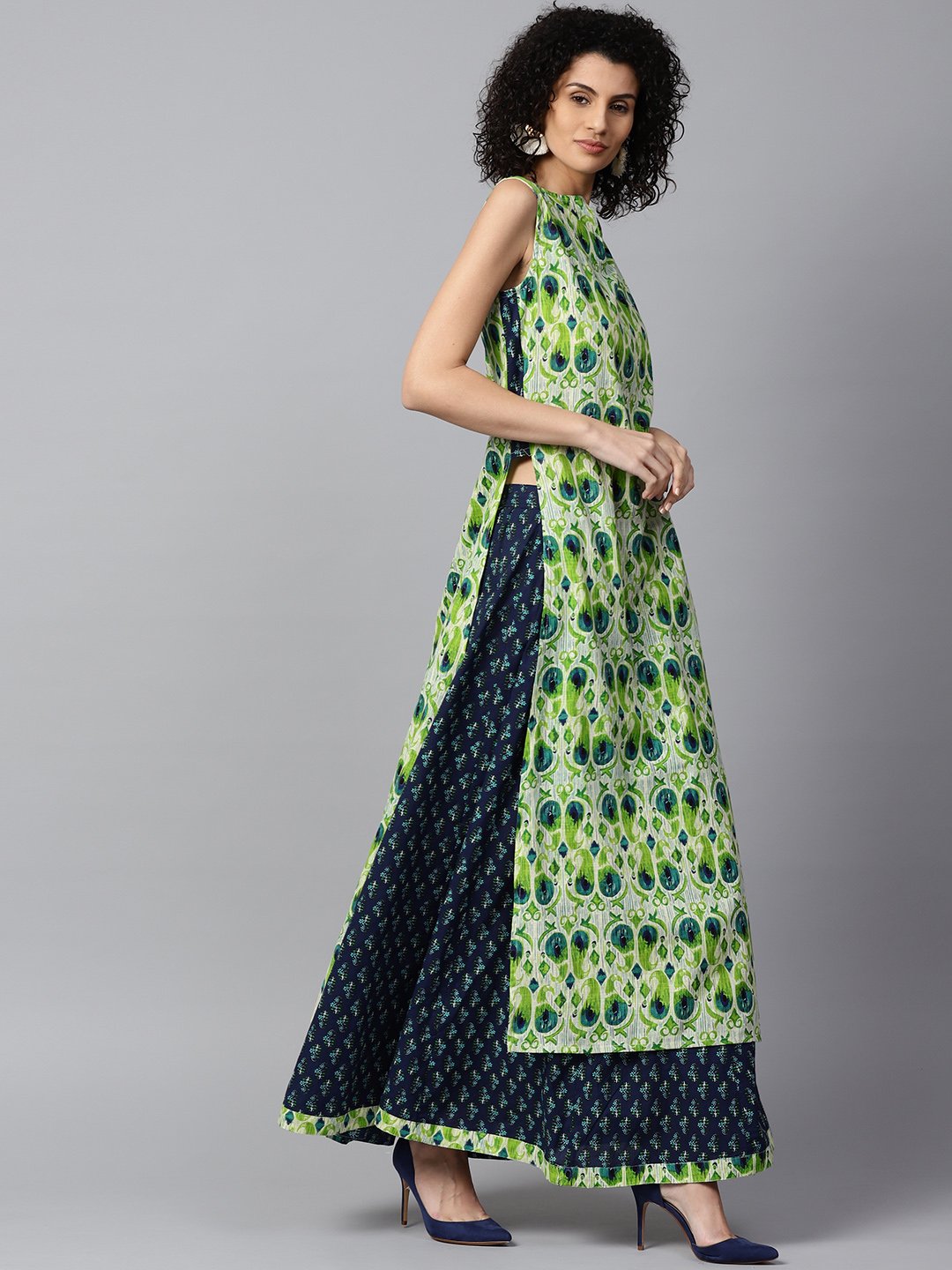 Green Sleeveless Cotton Straight Kurta With Blue Printed Skirt | LASVINI - Redefining Indian Fashion with Elegance