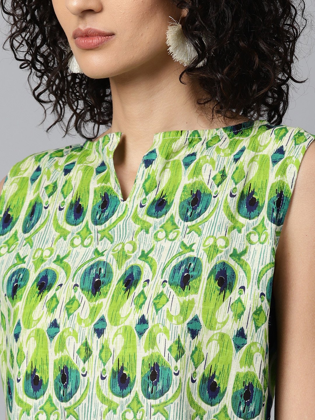 Green Sleeveless Cotton Straight Kurta With Blue Printed Skirt | LASVINI - Redefining Indian Fashion with Elegance