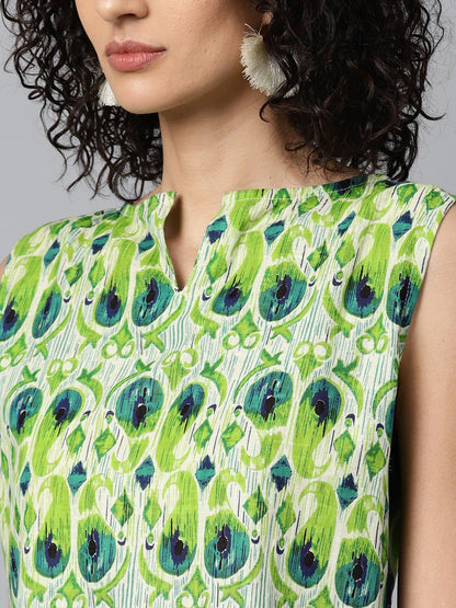 Green Sleeveless Cotton Straight Kurta With Blue Printed Skirt | LASVINI - Redefining Indian Fashion with Elegance