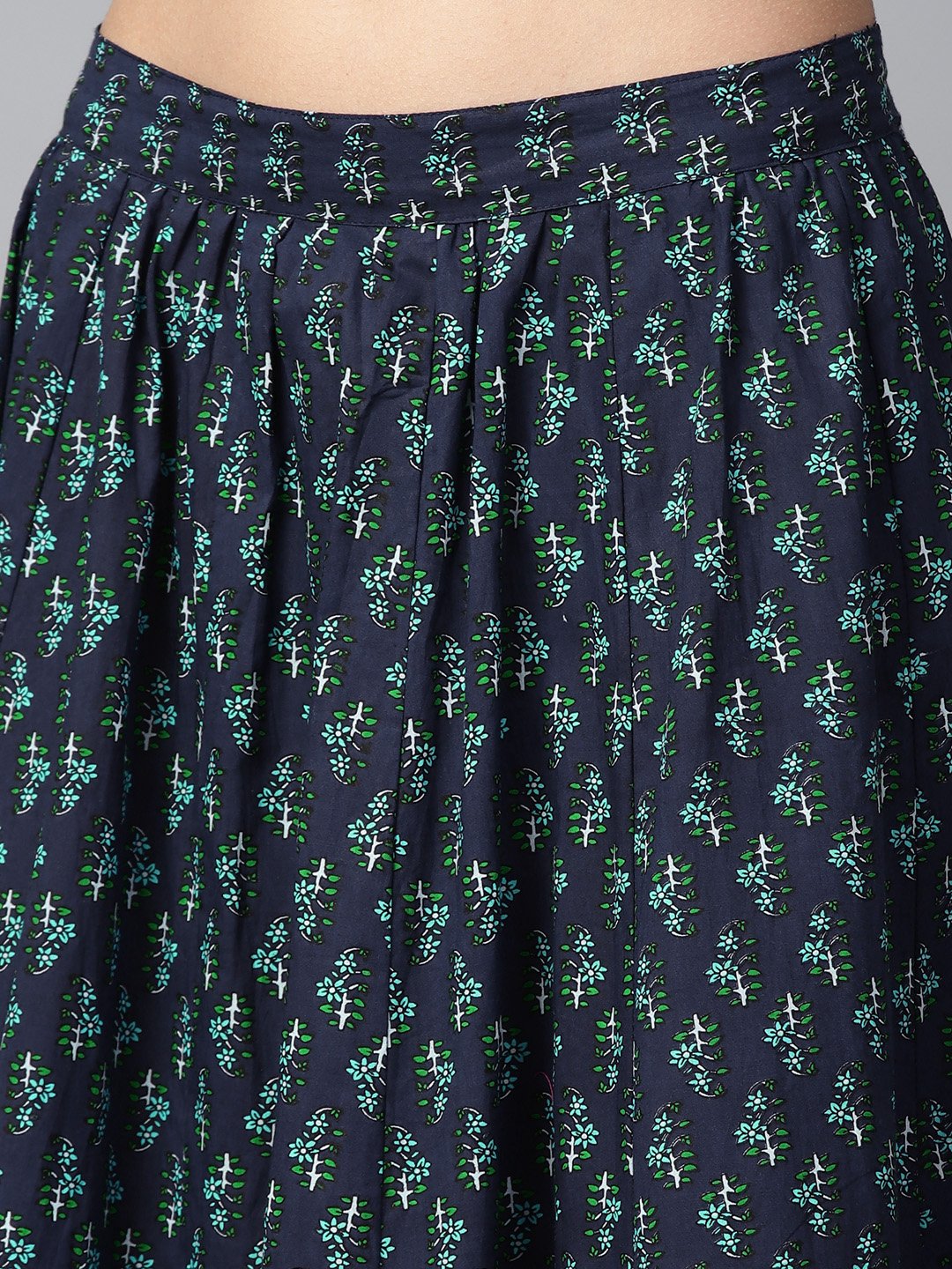 Green Sleeveless Cotton Straight Kurta With Blue Printed Skirt | LASVINI - Redefining Indian Fashion with Elegance