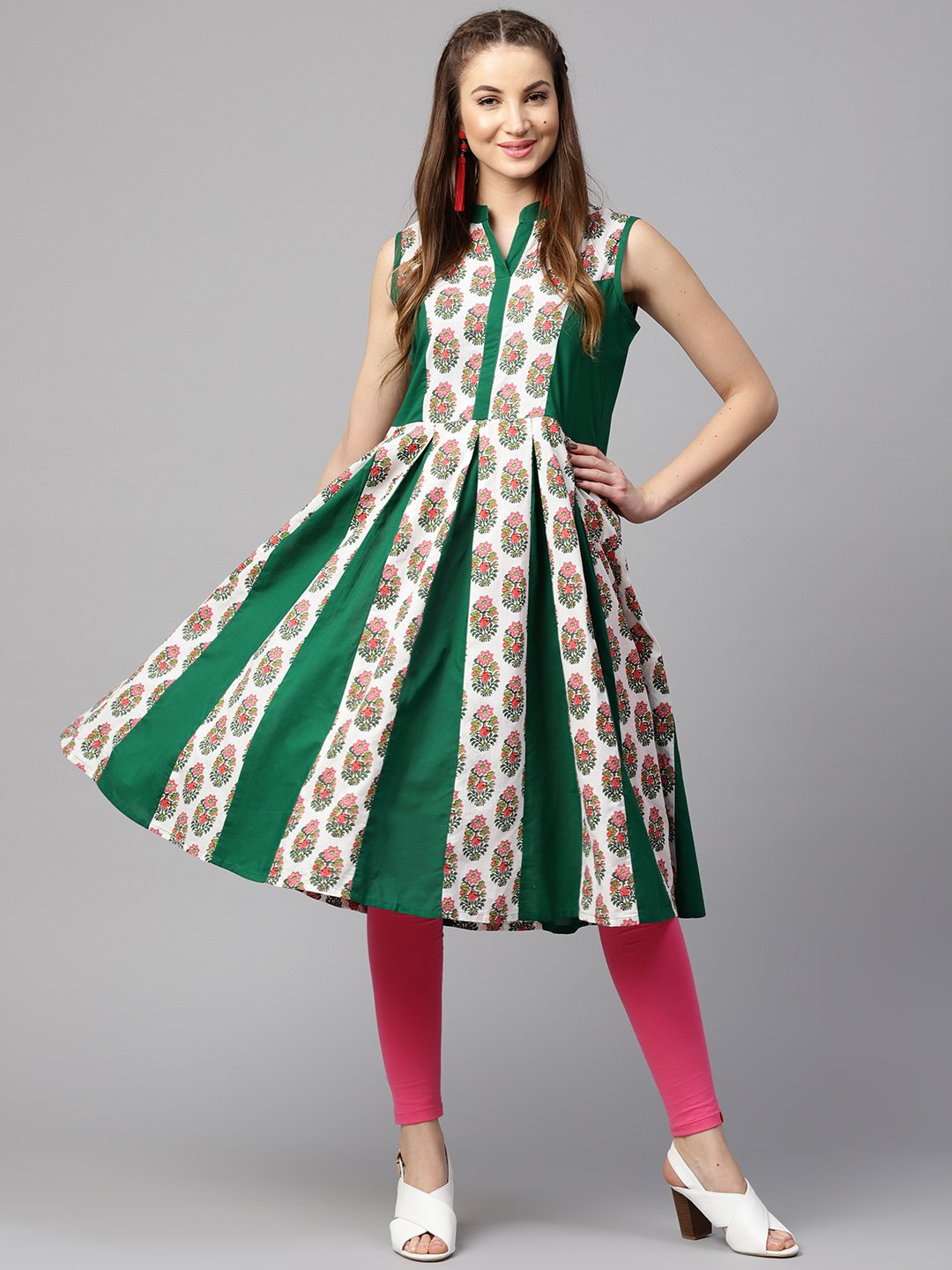 Green Printed Sleeveless Cotton Anarkali Kurta | LASVINI - Redefining Indian Fashion with Elegance