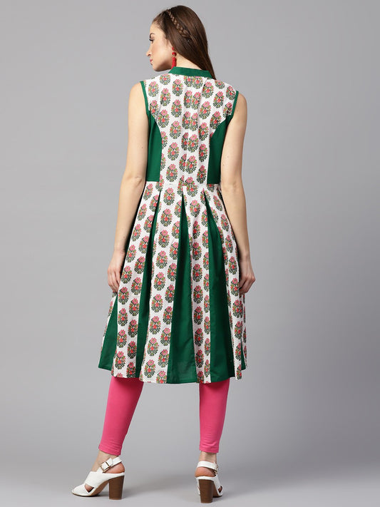 Green Printed Sleeveless Cotton Anarkali Kurta | LASVINI - Redefining Indian Fashion with Elegance