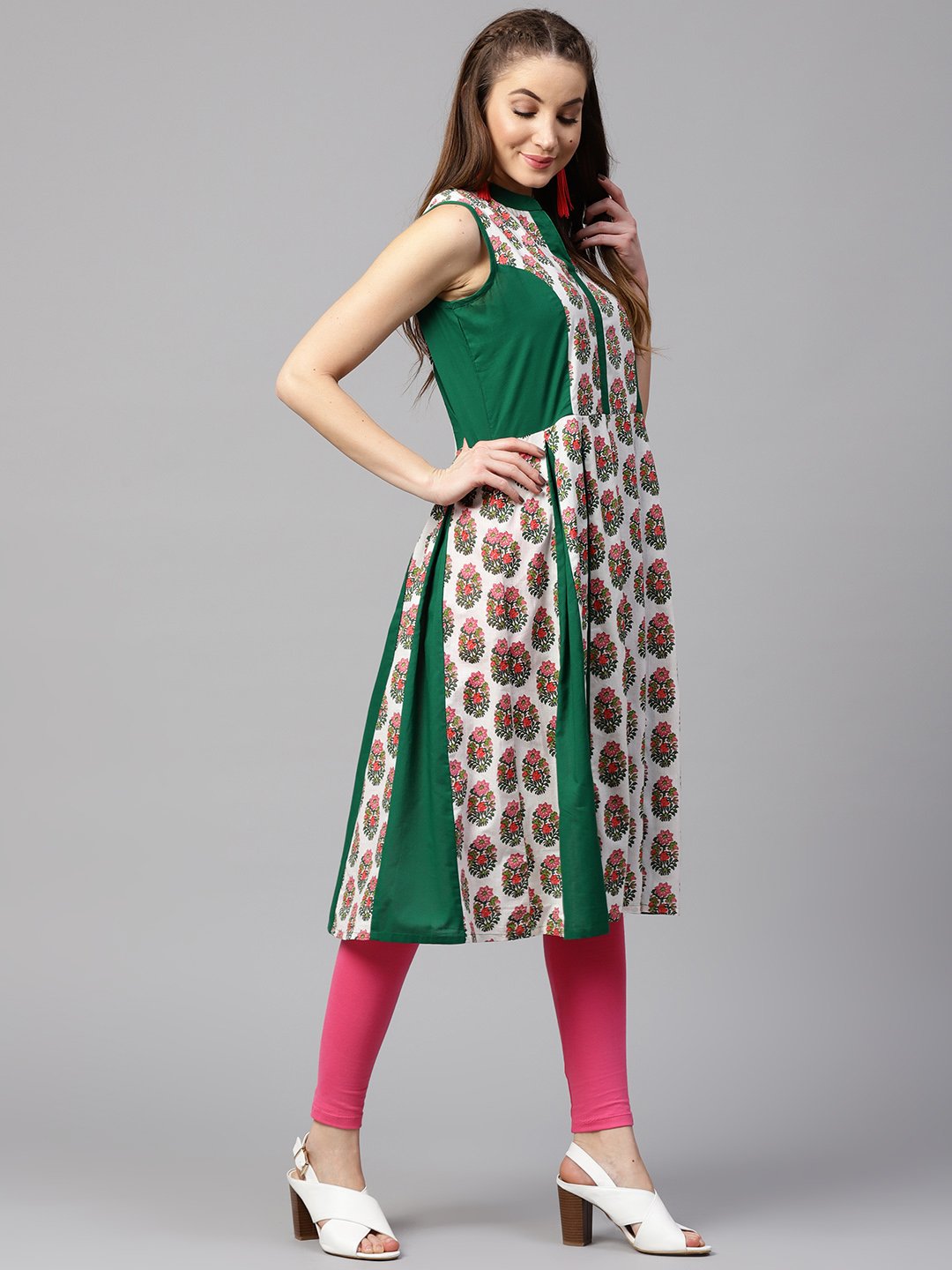 Green Printed Sleeveless Cotton Anarkali Kurta | LASVINI - Redefining Indian Fashion with Elegance