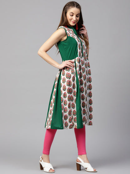 Green Printed Sleeveless Cotton Anarkali Kurta | LASVINI - Redefining Indian Fashion with Elegance