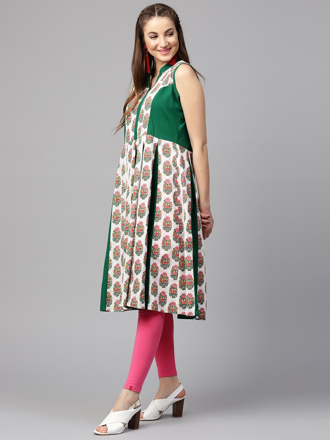 Green Printed Sleeveless Cotton Anarkali Kurta | LASVINI - Redefining Indian Fashion with Elegance
