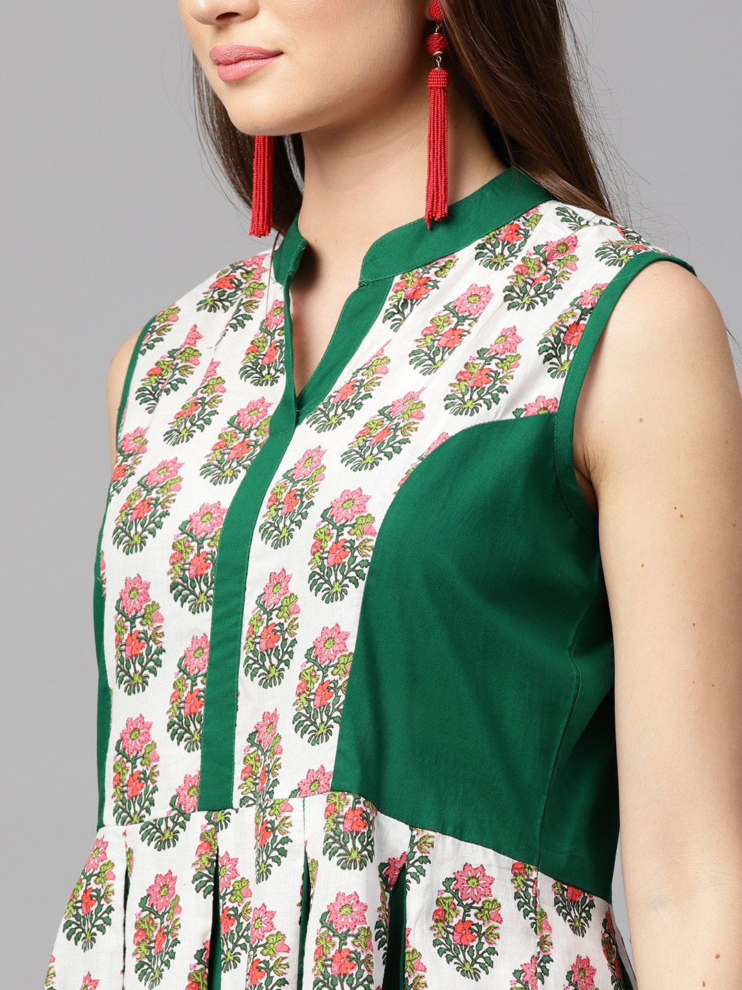 Green Printed Sleeveless Cotton Anarkali Kurta | LASVINI - Redefining Indian Fashion with Elegance