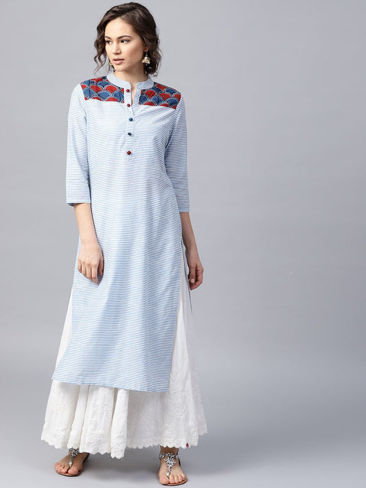 Blue Striped 3/4Th Sleeve Cotton Straight Kurta | LASVINI - Redefining Indian Fashion with Elegance