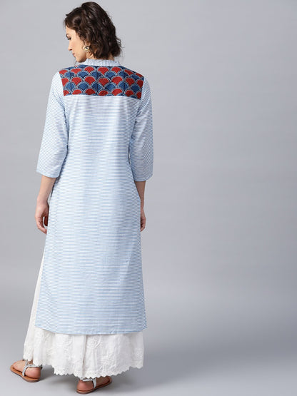 Blue Striped 3/4Th Sleeve Cotton Straight Kurta | LASVINI - Redefining Indian Fashion with Elegance