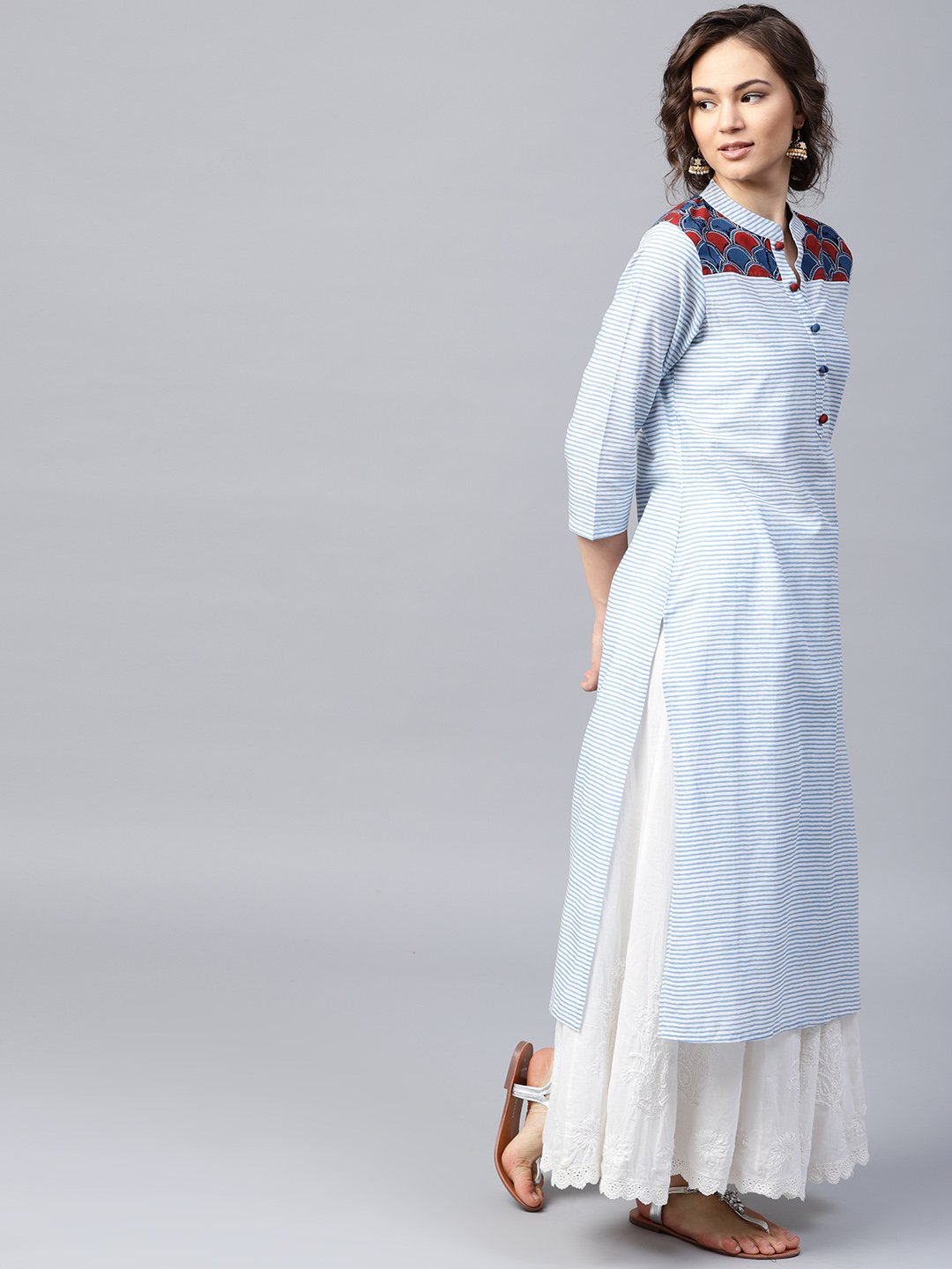 Blue Striped 3/4Th Sleeve Cotton Straight Kurta | LASVINI - Redefining Indian Fashion with Elegance