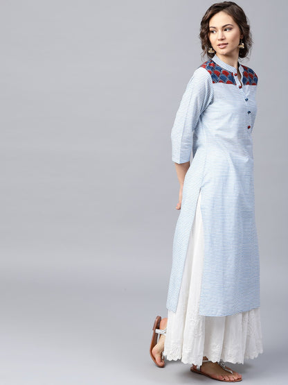 Blue Striped 3/4Th Sleeve Cotton Straight Kurta | LASVINI - Redefining Indian Fashion with Elegance