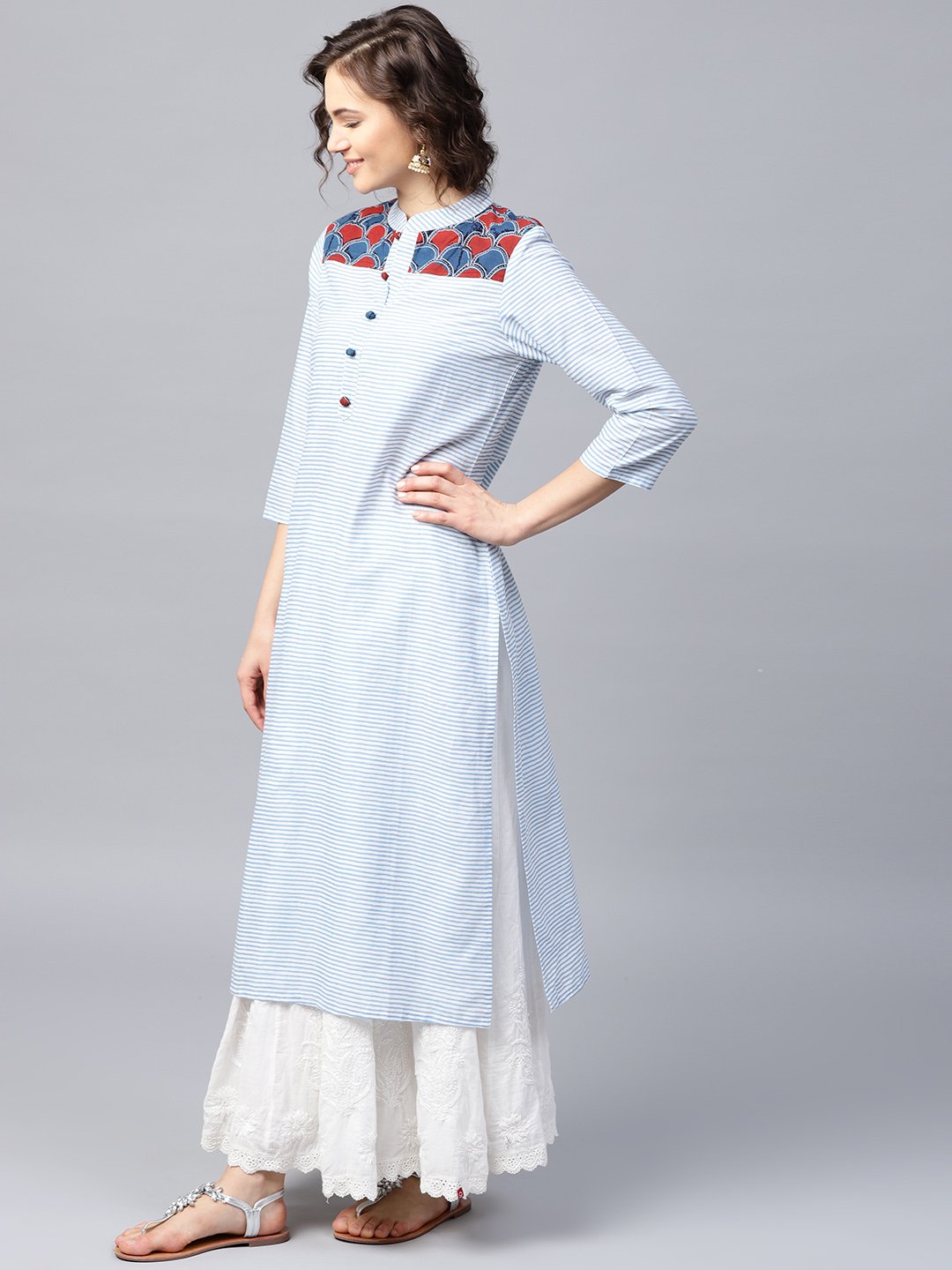 Blue Striped 3/4Th Sleeve Cotton Straight Kurta | LASVINI - Redefining Indian Fashion with Elegance