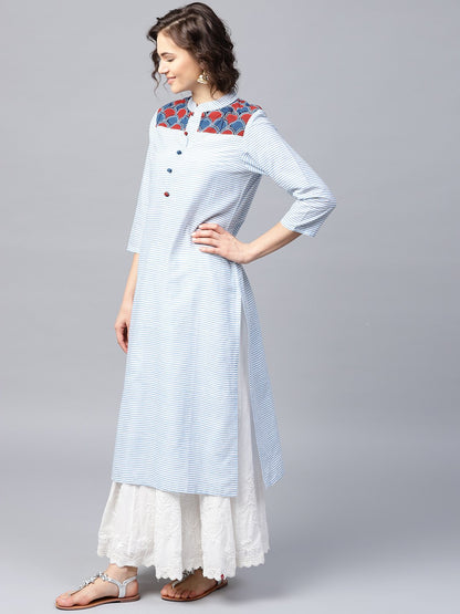 Blue Striped 3/4Th Sleeve Cotton Straight Kurta | LASVINI - Redefining Indian Fashion with Elegance