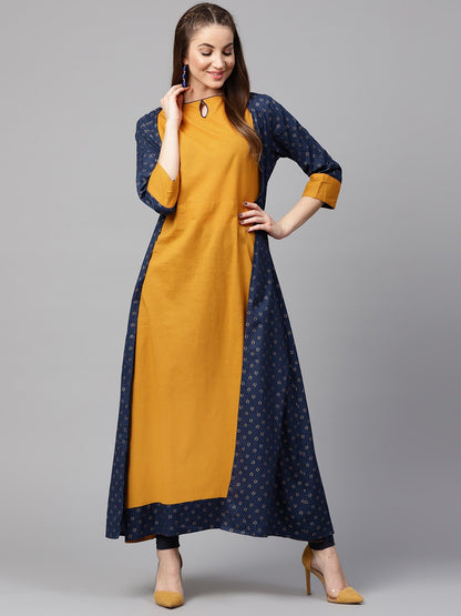 Yellow 3/4Th Sleeve Cotton Kurta With Printed Front Open Jacket Kurta | LASVINI - Redefining Indian Fashion with Elegance