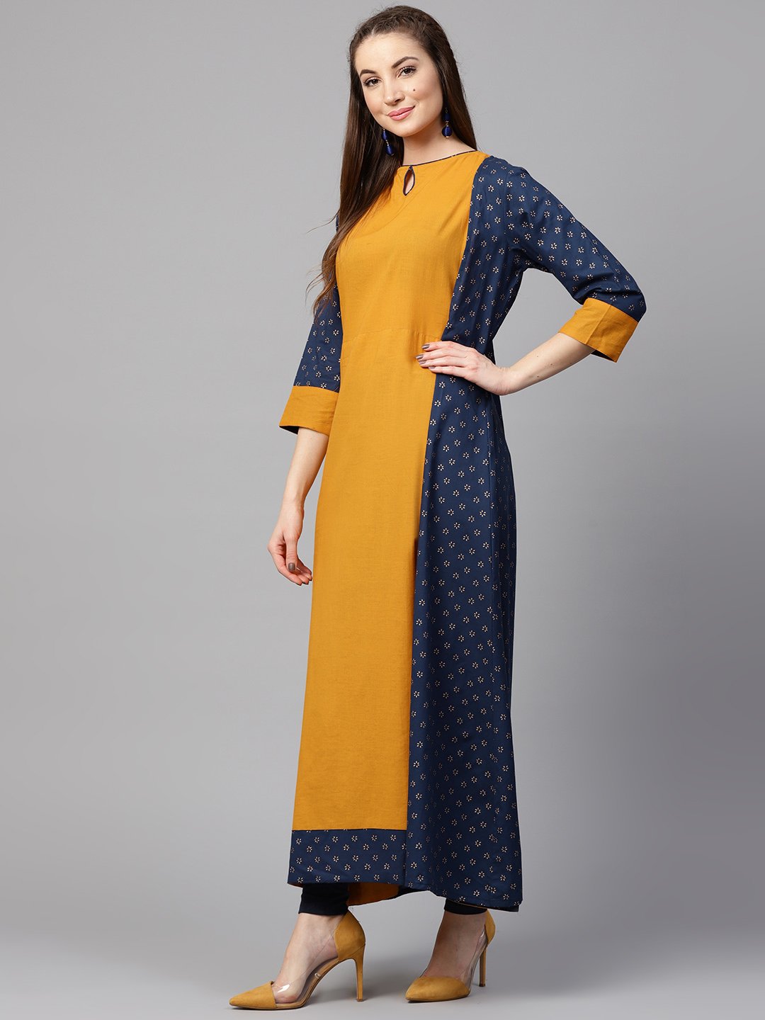 Yellow 3/4Th Sleeve Cotton Kurta With Printed Front Open Jacket Kurta | LASVINI - Redefining Indian Fashion with Elegance