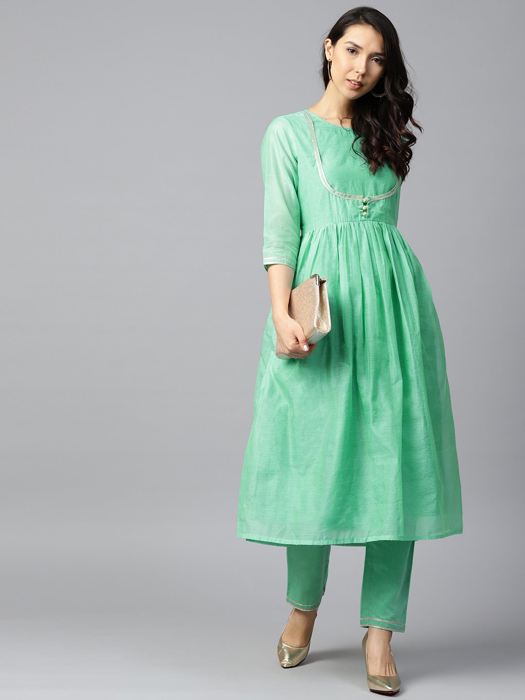 Green 3/4Th Sleeve Chandari Anarkali Kurta With Ankle Length Plazzo | LASVINI - Redefining Indian Fashion with Elegance