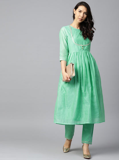 Green 3/4Th Sleeve Chandari Anarkali Kurta With Ankle Length Plazzo | LASVINI - Redefining Indian Fashion with Elegance