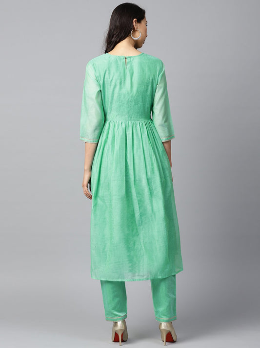 Green 3/4Th Sleeve Chandari Anarkali Kurta With Ankle Length Plazzo | LASVINI - Redefining Indian Fashion with Elegance