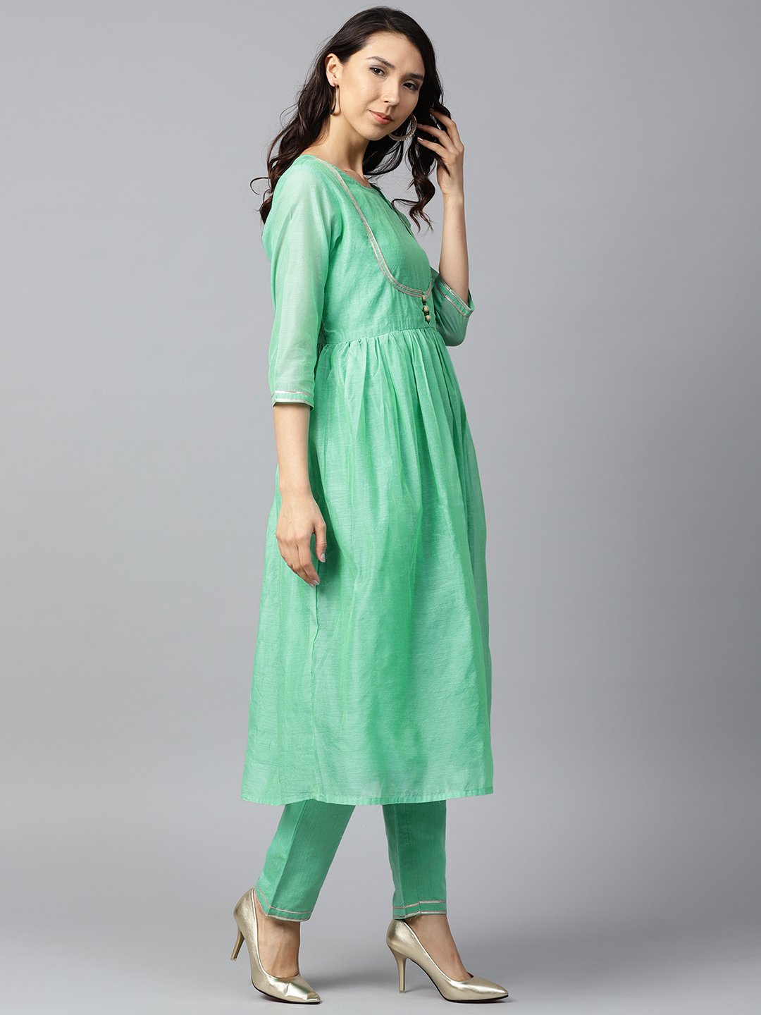 Green 3/4Th Sleeve Chandari Anarkali Kurta With Ankle Length Plazzo | LASVINI - Redefining Indian Fashion with Elegance