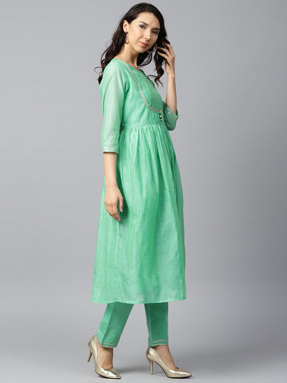 Green 3/4Th Sleeve Chandari Anarkali Kurta With Ankle Length Plazzo | LASVINI - Redefining Indian Fashion with Elegance