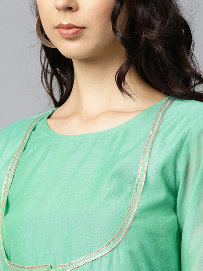 Green 3/4Th Sleeve Chandari Anarkali Kurta With Ankle Length Plazzo | LASVINI - Redefining Indian Fashion with Elegance