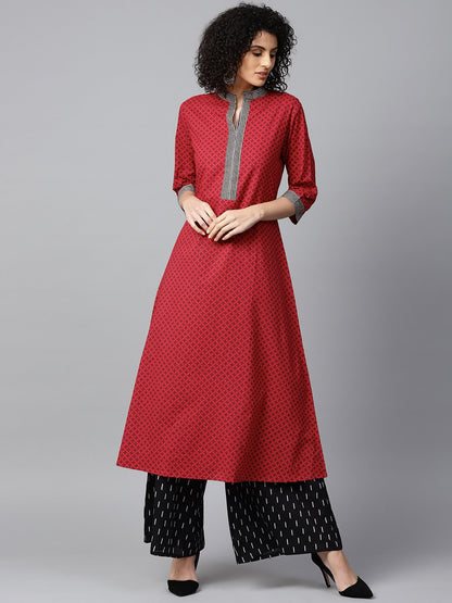Red Printed 3/4Th Sleeve Cotton A-Line Kurta With Black Printed Kurta | LASVINI - Redefining Indian Fashion with Elegance