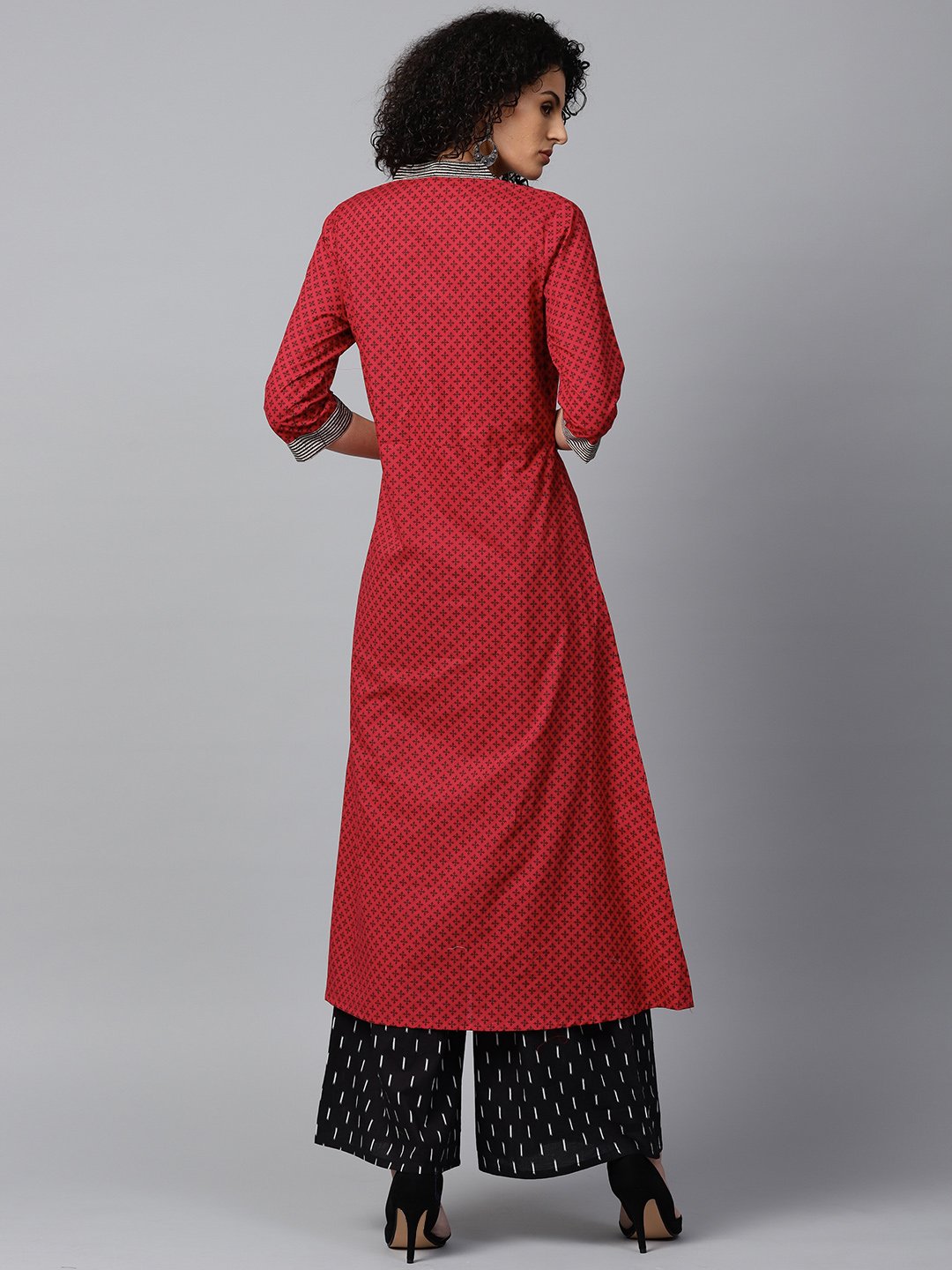 Red Printed 3/4Th Sleeve Cotton A-Line Kurta With Black Printed Kurta | LASVINI - Redefining Indian Fashion with Elegance