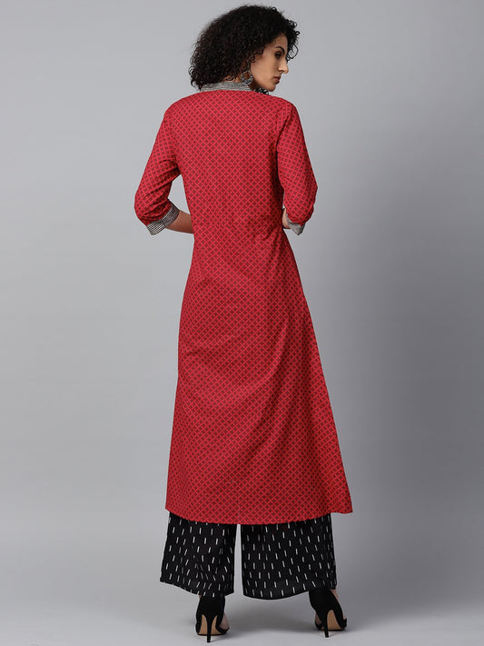 Red Printed 3/4Th Sleeve Cotton A-Line Kurta With Black Printed Kurta | LASVINI - Redefining Indian Fashion with Elegance