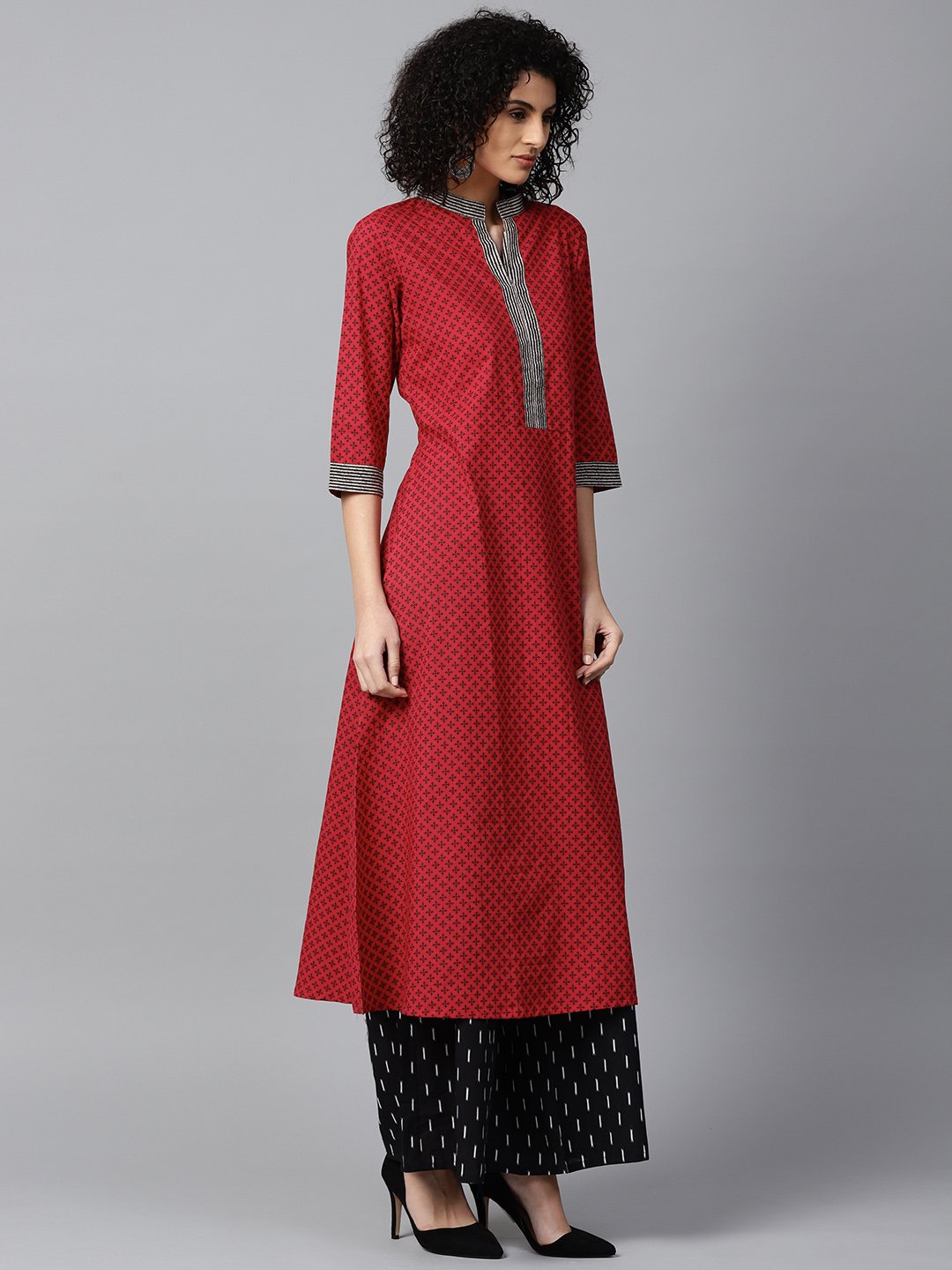 Red Printed 3/4Th Sleeve Cotton A-Line Kurta With Black Printed Kurta | LASVINI - Redefining Indian Fashion with Elegance