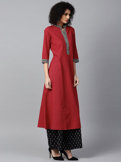 Red Printed 3/4Th Sleeve Cotton A-Line Kurta With Black Printed Kurta | LASVINI - Redefining Indian Fashion with Elegance