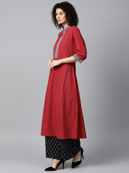 Red Printed 3/4Th Sleeve Cotton A-Line Kurta With Black Printed Kurta | LASVINI - Redefining Indian Fashion with Elegance