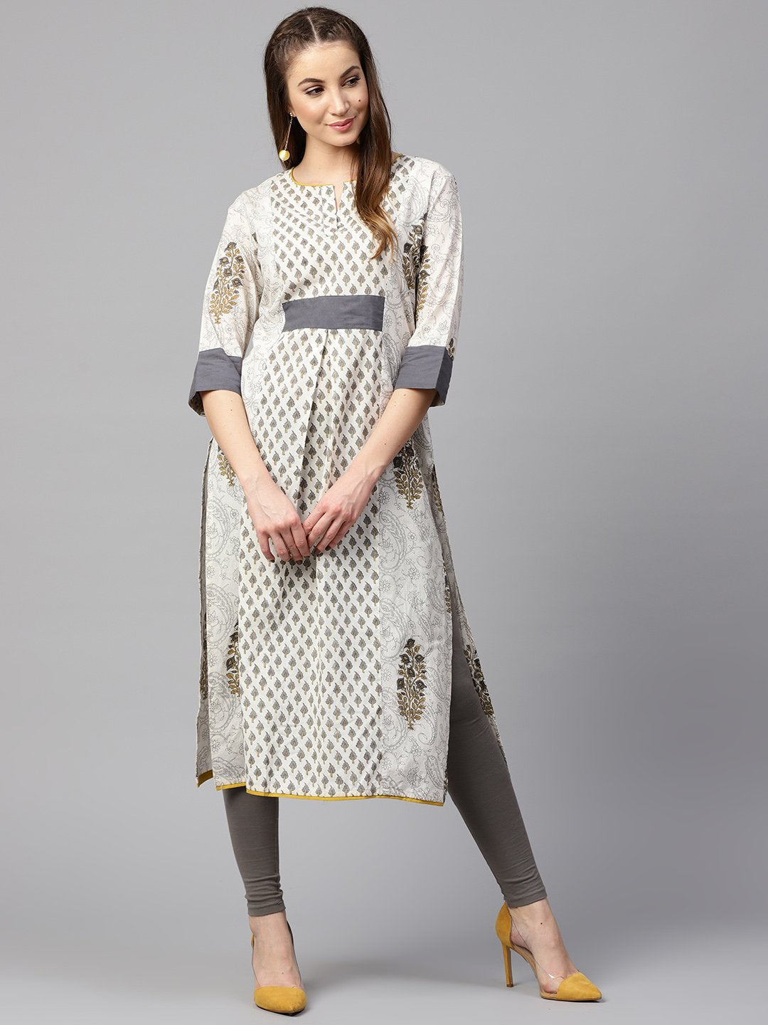 Off White Printed Half Sleeve Cotton A-Line Kurta | LASVINI - Redefining Indian Fashion with Elegance